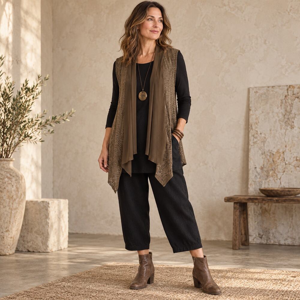 John Paul Richard Crochet Chiffon Women Vest Sz S Boho Lagenlook Knit Olive